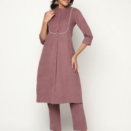 BARARA ETHNIC Thread Work Detailed Pure Cotton A-Line Kurta With Trouser-image-79