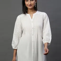 AURELIA Self design Mandarin Collar Puff Sleeves Pure Cotton Shirt Style Top-6
