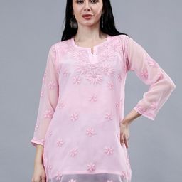Seva Chikan Ethnic Motifs Embroidered Notch Neck Chikankari Straight Kurti With Slip-image-90
