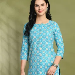 FERANOID Floral Printed Round Neck Three-Quarter Sleeves Pure Cotton Sort Kurti-picture-16
