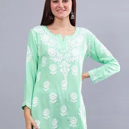 Seva Chikan Ethnic Motifs Embroidered Cotton Silk Straight Lucknowi Chikankari Kurti-picture-40