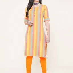 KALINI Striped Printed Round Neck With Notched Straight Cotton Kurta-picture-19
