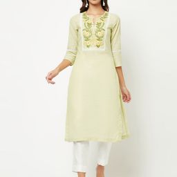 BARARA ETHNIC Floral Yoke Design Notched Neck Cotton Straight Kurta-picture-10