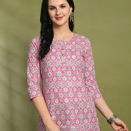 FERANOID Floral Printed Pure Cotton Round Neck Straight Kurti-image-99