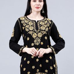 Seva Chikan Ethnic Motifs Embroidered Notch Neck Straight Lucknowi Chikankari Kurti-image-65