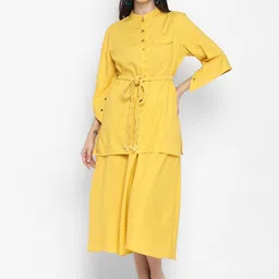 BLANC9 Women Yellow Regular Pure Cotton Kurta With Palazzos Set-image-36