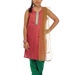 Kids On Board Pink Ethnic Motifs Yoke Design Pure Cotton Kurta & Churidar With Dupatta-image-69