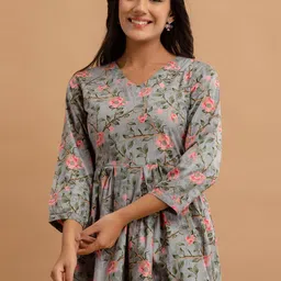 FERANOID Floral Printed Pure Cotton Pleated Kurti-image-18