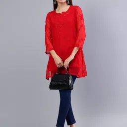 Seva Chikan Ethnic Motifs Embroidered Notch Neck Chikankari Straight Kurti With Slip-37