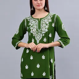 Seva Chikan Ethnic Motifs Round Neck Embroidered Chikankari Kurti-picture-6