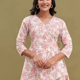 FERANOID Abstract Printed V-Neck Pure Cotton A-Line Kurti-15