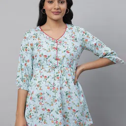 AURELIA Blue Floral Printed V-Neck Pure Cotton Kurti-image-61