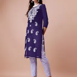 KALINI Paisley Embroidered Chikankari Detail Straight Kurta-18