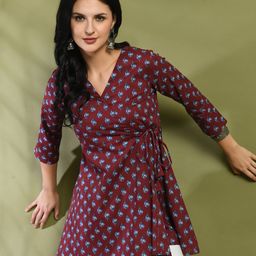 FERANOID Floral Printed V-Neck Pure Cotton Angrakha A-Line Kurti-image-87