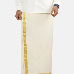 Ramraj Men Pure Cotton Double layer Cream-Coloured Dhoti with Gold jari border-picture-5