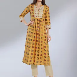 MADHURAM Women Mustard Yellow Geometric Printed V-Neck Anarkali Kurti-picture-13