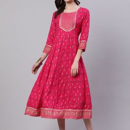 SAK JAIPUR Ethnic Motifs Printed Gathered Cotton Fit & Flare Ethnic Dress-image-33