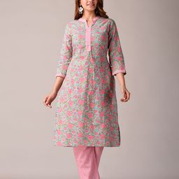 KANNAHI Women Pure Cotton Floral Printed Solid Straight Kurta-image-44