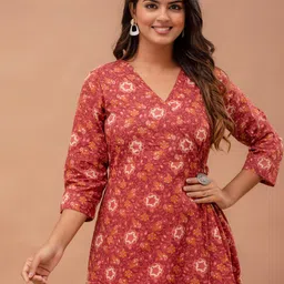 FERANOID Floral Printed V-Neck Pure Cotton Angrakha A-Line Kurti-4
