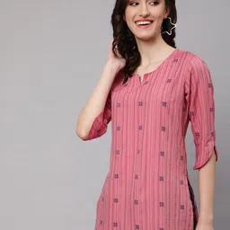 AKIMIA Striped Round Neck Cotton Jacquard Straight Kurti-56