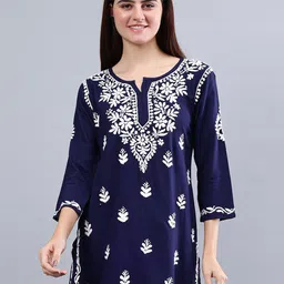 Seva Chikan Ethnic Motifs Three-Quarter Sleeves Round Neck Embroidered Chikankari Kurti-picture-8