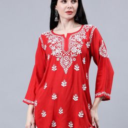 Seva Chikan Ethnic Motifs Three-Quarter Sleeves Round Neck Embroidered Chikankari Kurti-picture-11
