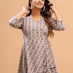 FERANOID Ethnic Printed V-Neck Pure Cotton A-Line Kurti-image-63