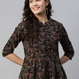 MALHAAR Floral Print Band Collar Pure Cotton Peplum Top-image-5