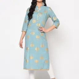 antaran Blue & Gold-Toned Floral Foil Printed Pure Cotton Kurta-picture-22