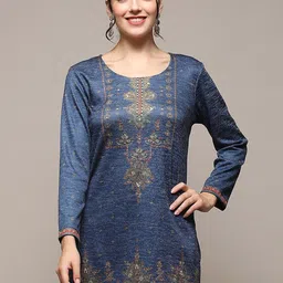 Biba Ethnic Motifs Self Design Knitted Sequined Straight Kurti-picture-2