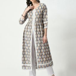 VIDHANI Ethnic Motifs Printed Round Neck A-Line Kurta-picture-1