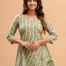 FERANOID Ethnic Printed V-Neck Pure Cotton A-Line Kurti-image-41