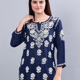 Seva Chikan Ethnic Motifs Embroidered Notch Neck Straight Lucknowi Chikankari Kurti-image-98