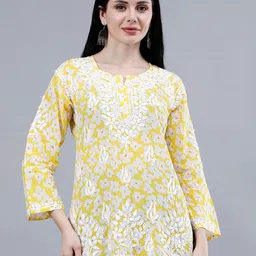 Seva Chikan Floral Printed Thread Work Cotton Straight Kurti-picture-33
