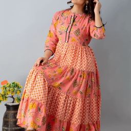 SBR BABA KURTI Floral Printed Mandarin Collar Tie-Ups Tiered Fit & Flare Midi Ethnic Dress-image-6