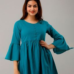 HERE&NOW Blue Round Neck Bell Sleeves A-Line Kurti-picture-16