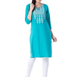 Ksharaa Women Turquoise Blue & White Geometric Yoke Design Thread Work Straight Kurta-40