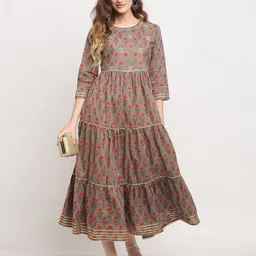 Rajnandini Grey & Orange Ethnic Motifs Printed Ethnic A-Line Midi Dress-picture-18