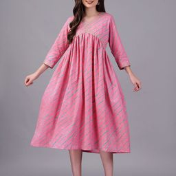 KPF  Lehariya Printed V-Neck Sequinned Empire Cotton Midi Ethnic Dress-picture-9