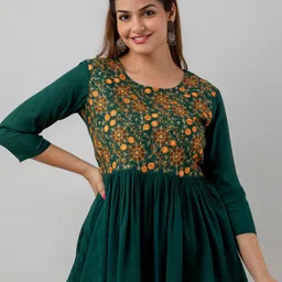 SHOOLIN Floral Embroidered Round Neck Thread Work A-Line Kurti-image-59