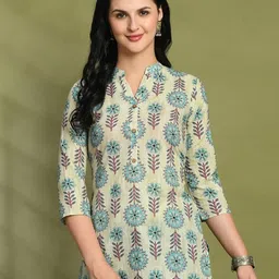 FERANOID Floral Printed Mandarin Collar Three-Quarter Sleeves Pure Cotton Short Kurti-picture-8