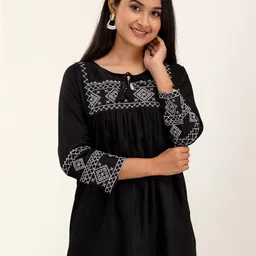 FERANOID Ethnic Motifs Embroidered Tie-Up Neck Thread Work Pure Cotton A-Line Kurti-image-59