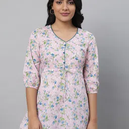 AURELIA Pink Floral Printed V-Neck Pure Cotton Kurti-image-80