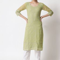 VAIRAGEE Women Olive Green Ethnic Motifs Embroidered Georgette Kurta-58
