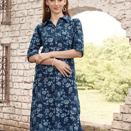 Anouk Blue Floral Printed Shirt Collar Pure Cotton Straight Kurta-53