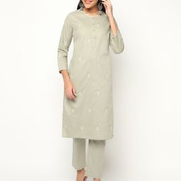 BARARA ETHNIC Floral Embroidered Mirror Work Pure Cotton Kurta with Trousers-image-6