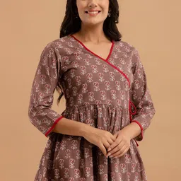 FERANOID Ethnic Motifs Printed V-Neck Pure Cotton Angrakha Kurti-image-73