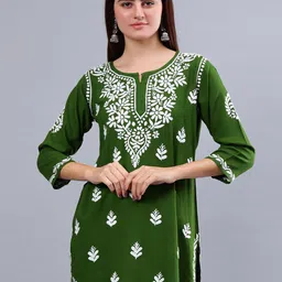 Seva Chikan Ethnic Motifs Three-Quarter Sleeves Round Neck Embroidered Chikankari Kurti-picture-16