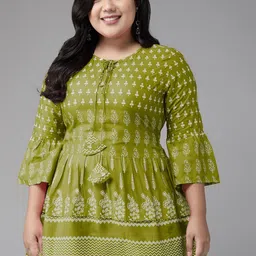 KALINI Keyhole Neck Ethnic Printed A-line Plus Size Short Kurti-58