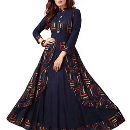 MADHURAM Navy Blue & Rust Geometric Printed Layered Ethnic Gown Maxi Dress-8